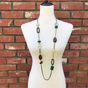 Chico's Gold Tone Chain Single Strand Long Necklace Brown Green Wood Beads 44"